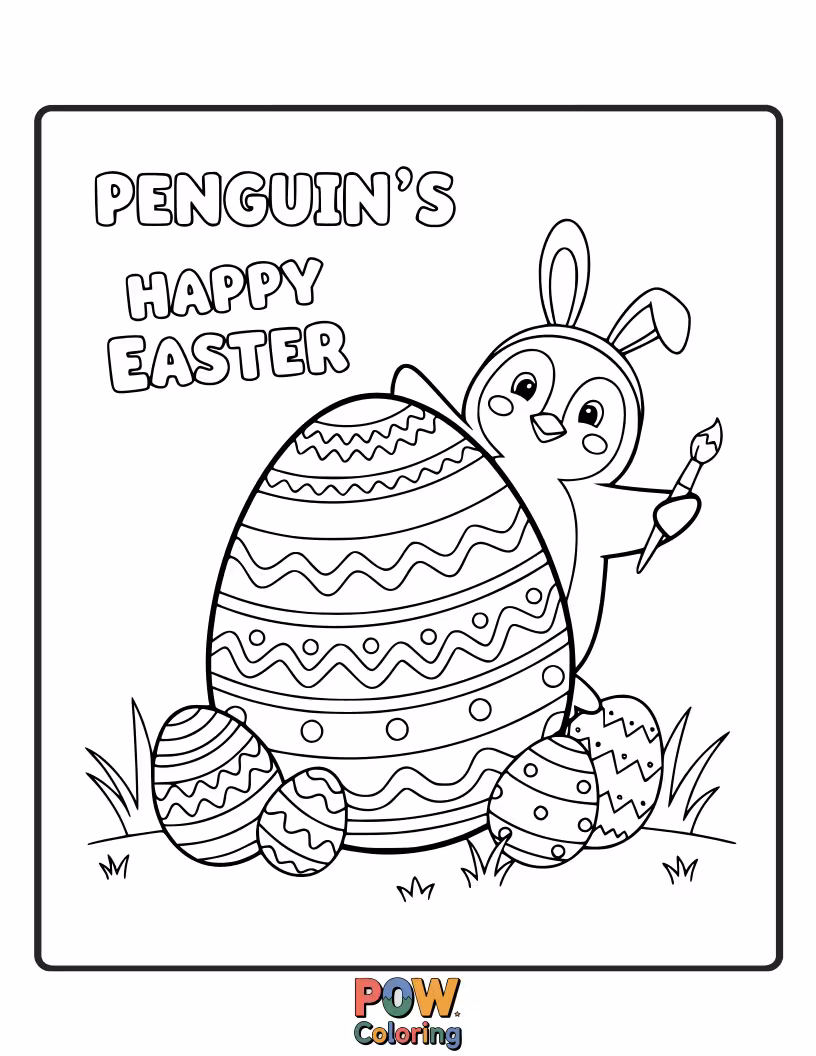 Free coloring page of A dapper penguin in a bowtie, holding a beautifully decorated egg on an icy landscape.