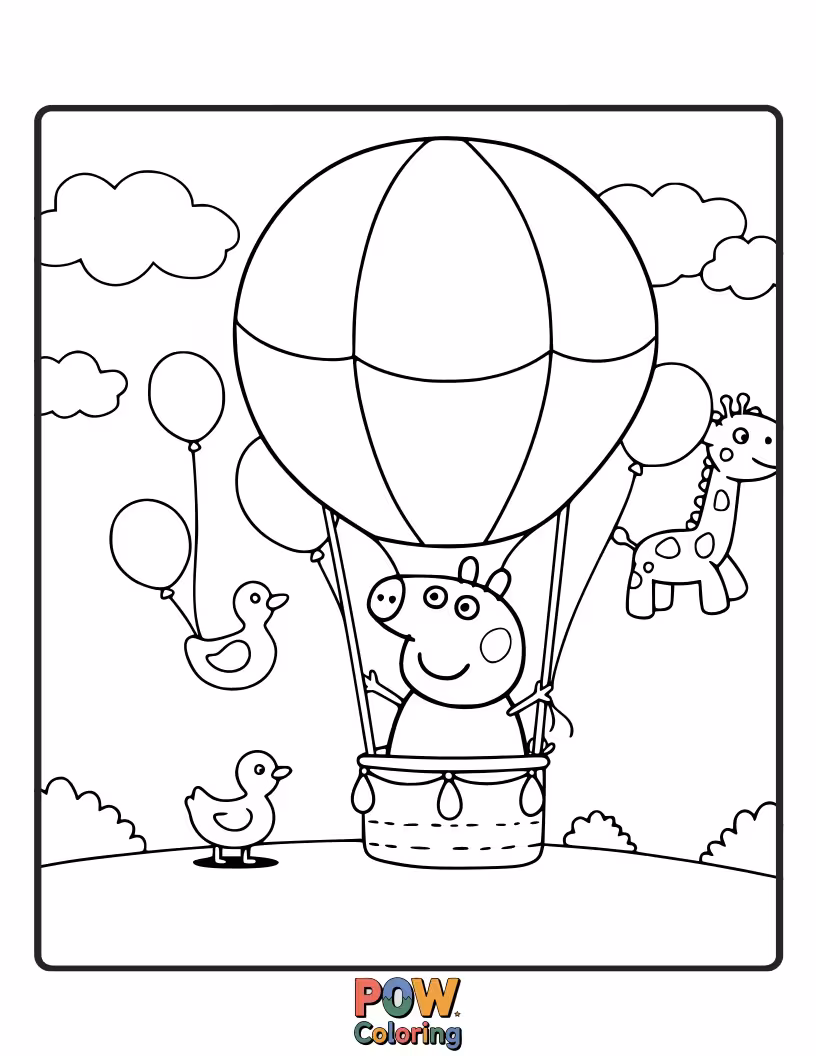 Free coloring page of Peppa is surrounded by an overwhelming amount of brightly colored balloons, some popping and others floating away.