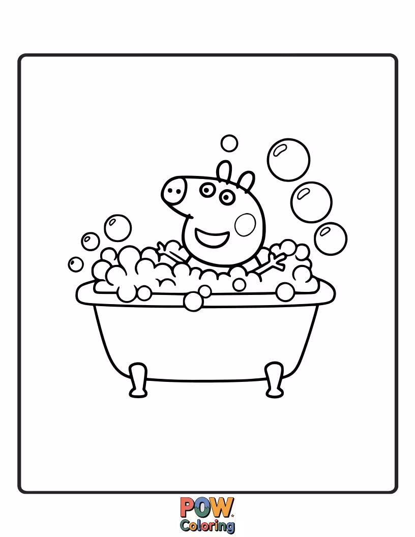Free coloring page of Peppa is having a bubble bath, but all the bubbles are bouncing out of the tub!