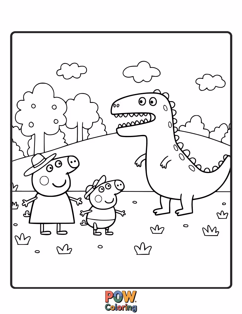 Free coloring page of George is crying as Peppa accidentally sits on his beloved dinosaur toy, leaving a funny imprint.