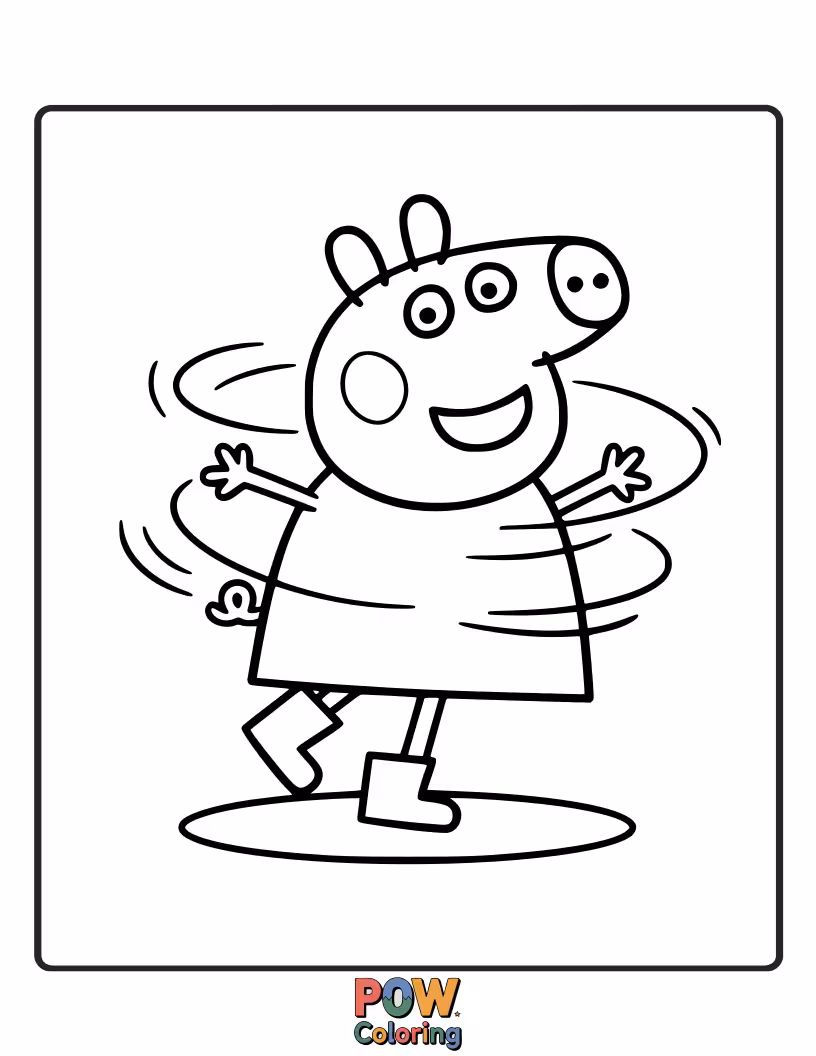 Free coloring page of Peppa is spinning around so fast she’s dizzy, with blurry lines around her.