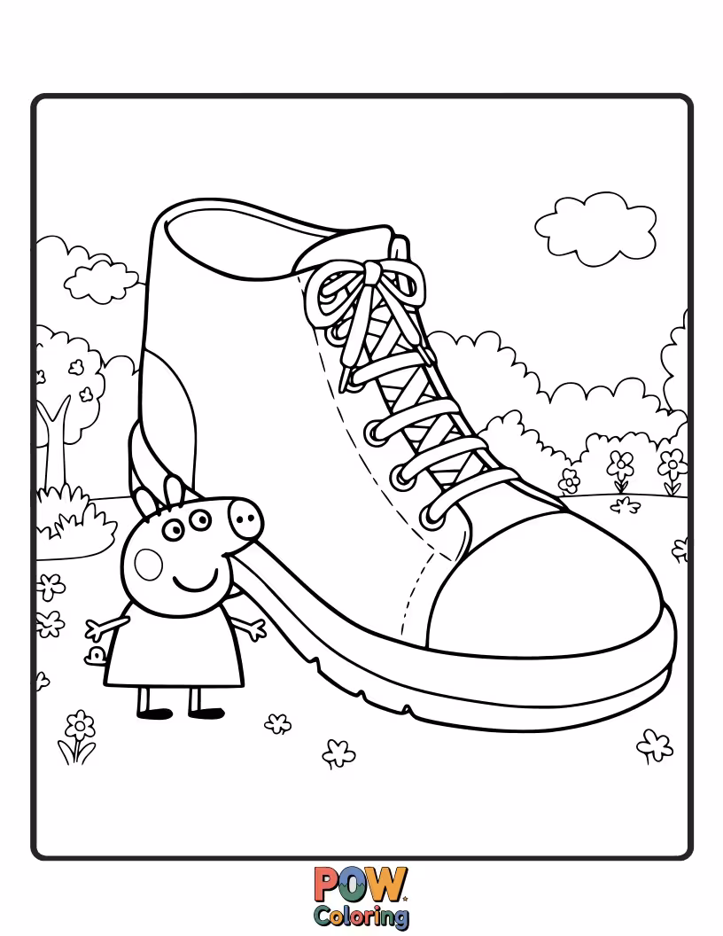 Free coloring page of Peppa is trying to fit into Daddy Pig's enormous shoe, looking very cramped and amused.