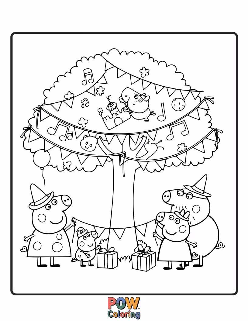 Free coloring page of Peppa tries to hang a garland of giggling flowers, but they're all giggling themselves right off the string.