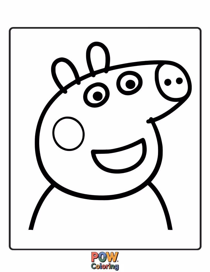 Free coloring page of Peppa has accidentally stuck two googly eyes onto her face, giving her a funny, surprised look.