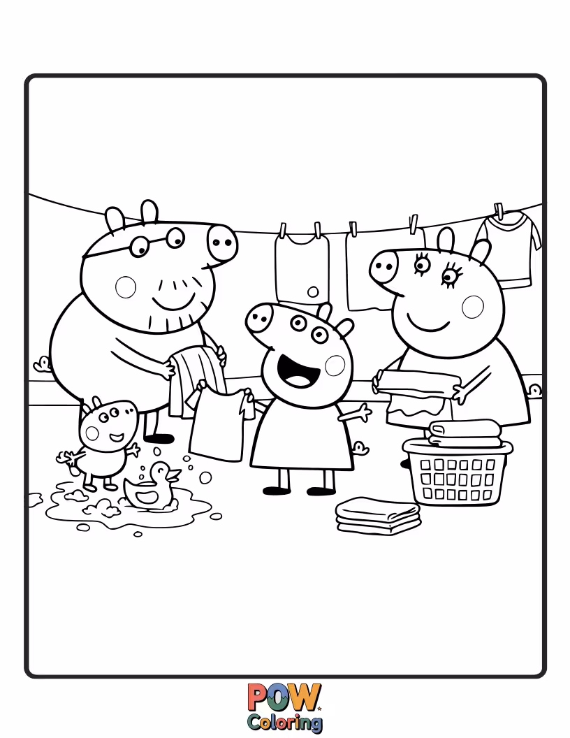 Free coloring page of Peppa has accidentally shrunk Daddy Pig's favorite trousers to doll-size in the washing machine.