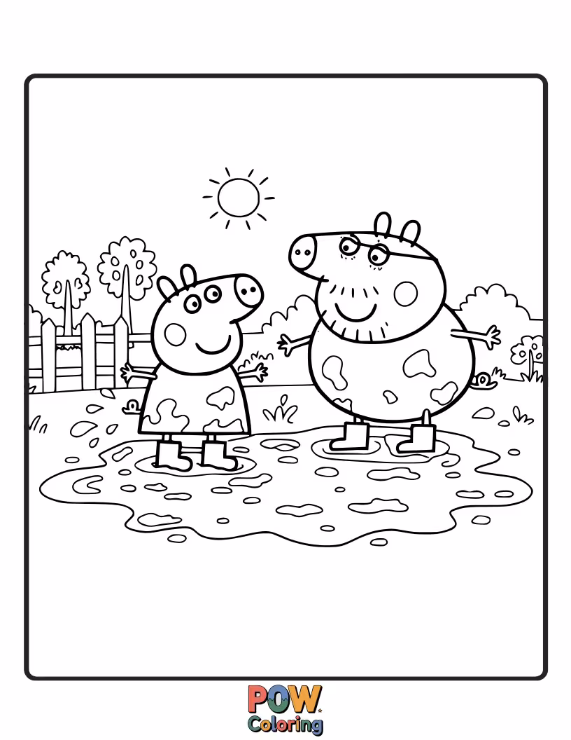 Free coloring page of Peppa gets hilariously stuck in a giant mud puddle, her face covered in splatters, with Daddy Pig attempting a rescue.