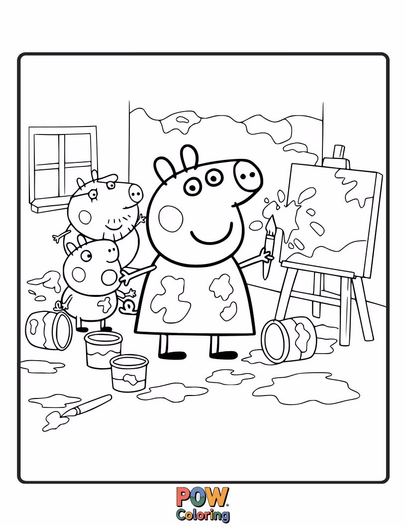 Free coloring page of Peppa has gone a bit wild with her paintbrush, splattering paint everywhere, including on Daddy Pig.