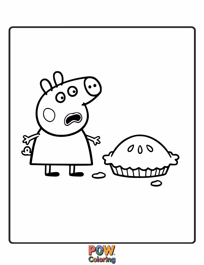 Free coloring page of Peppa has baked a pie, but it’s so wobbly and jiggly it's about to slide off the plate.