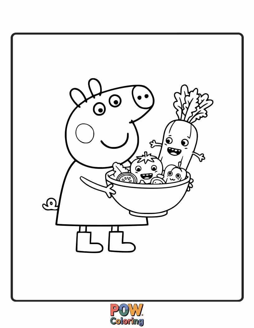 Free coloring page of Peppa is eating a salad, but all the vegetables are doing a little jig on her plate.