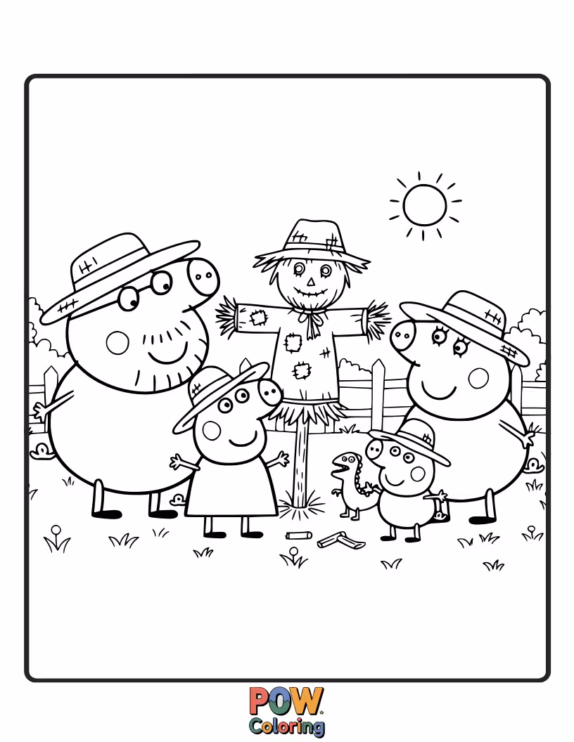 Free coloring page of Peppa has dressed a scarecrow in her own clothes, and it’s doing a funny dance.