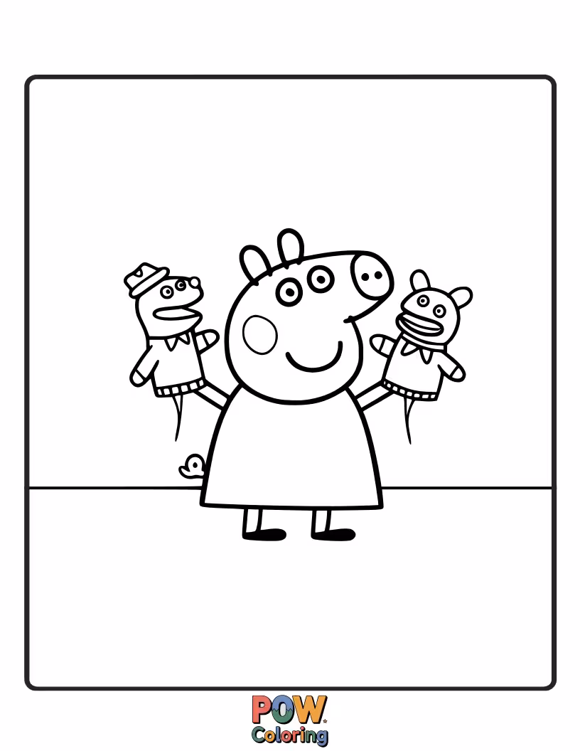 Free coloring page of Peppa is putting on a sock puppet show where all the puppets have funny, mismatched socks on.