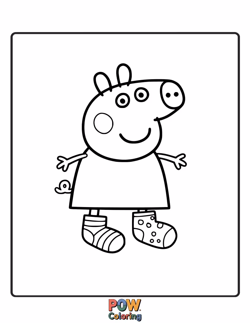 Free coloring page of Peppa is wearing mismatched socks on every foot, and they're all different sizes and patterns.