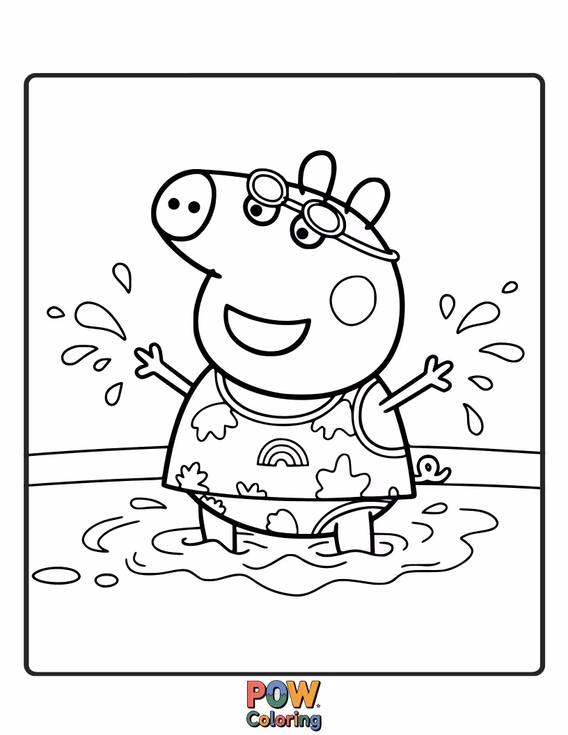Free coloring page of Peppa is wearing a swimsuit with extra-large flippers, making her splash in a funny, exaggerated way.
