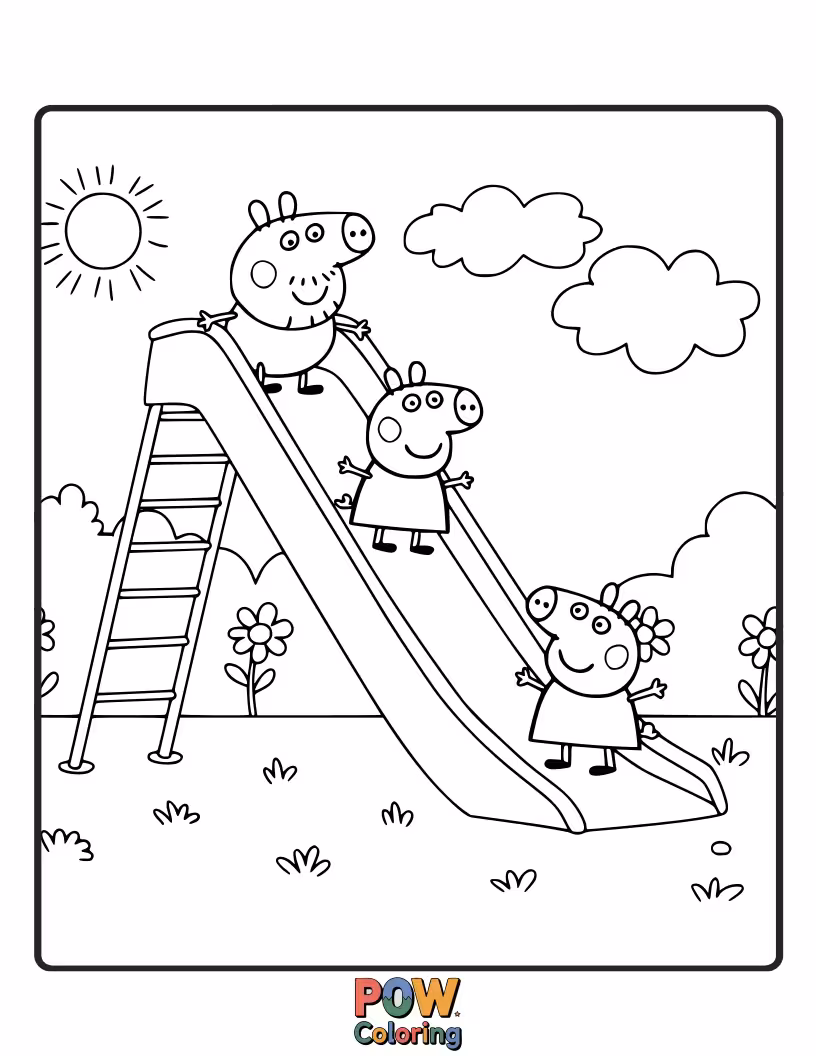 Free coloring page of Peppa is sliding down a super-duper slippery slide, her legs flailing in the air with a surprised expression.