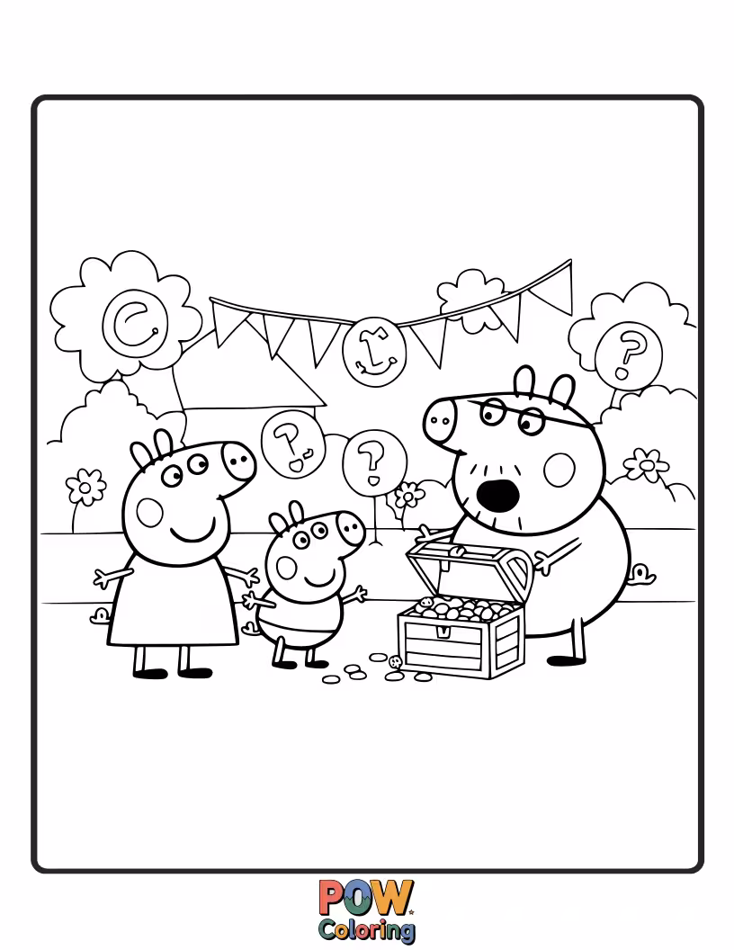 Free coloring page of Peppa dons a cape and mask, striking a superhero pose after accidentally turning Mummy Pig into a giant blueberry.