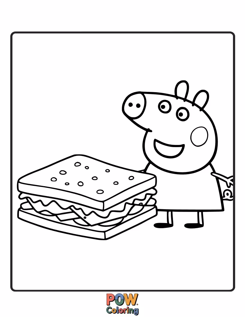 Free coloring page of Peppa's sandwich has suddenly started to wiggle and jiggle, making her look a bit bewildered.