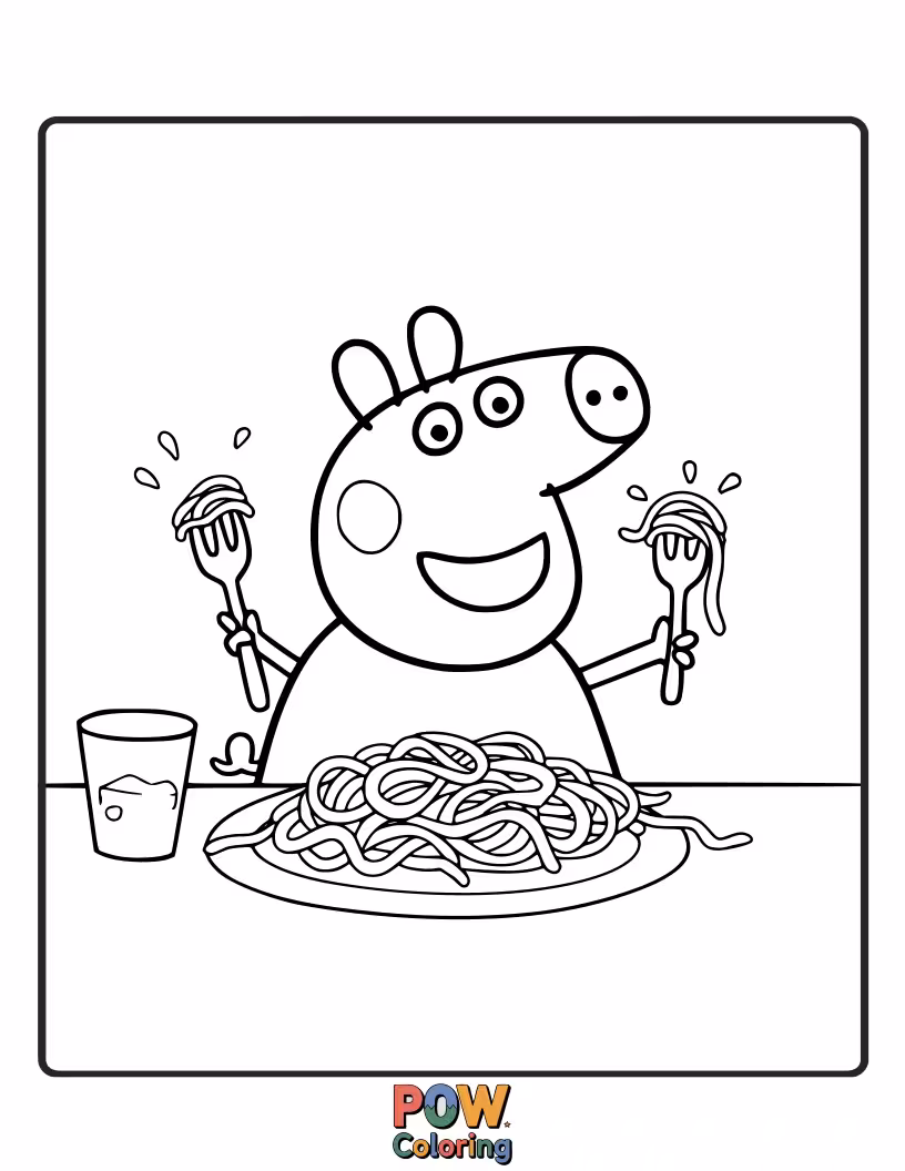 Free coloring page of Peppa has accidentally made spaghetti that is so long it's wrapped around her entire house!