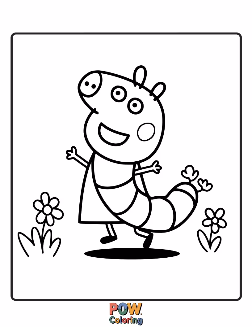 Free coloring page of Peppa discovers a very long, wiggly worm that keeps slithering out of her hands and across the page.