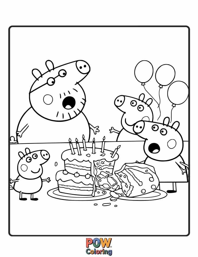 Free coloring page of Peppa has baked a cake, but it's so wobbly it's leaning precariously to one side.