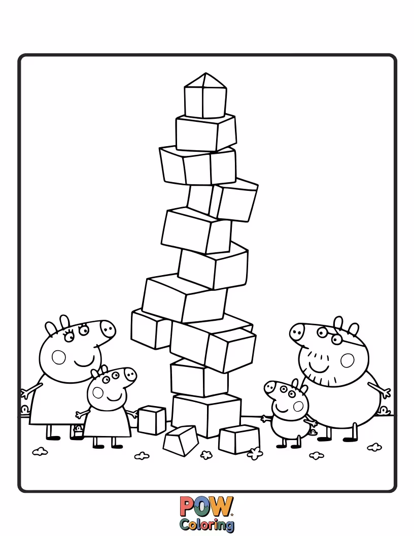 Free coloring page of Peppa is building a tower of blocks, but it's so wobbly it's about to tumble down.
