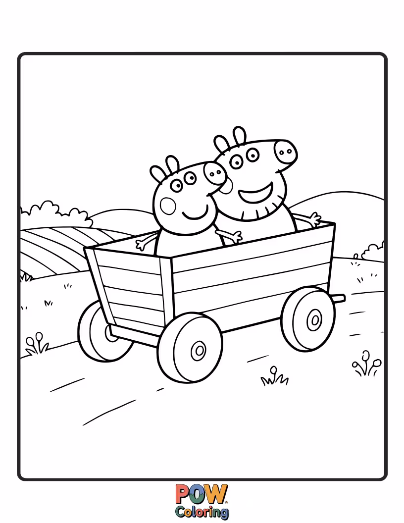 Free coloring page of Peppa is enjoying a wagon ride, but the wagon itself is wobbling and tilting with every bump.