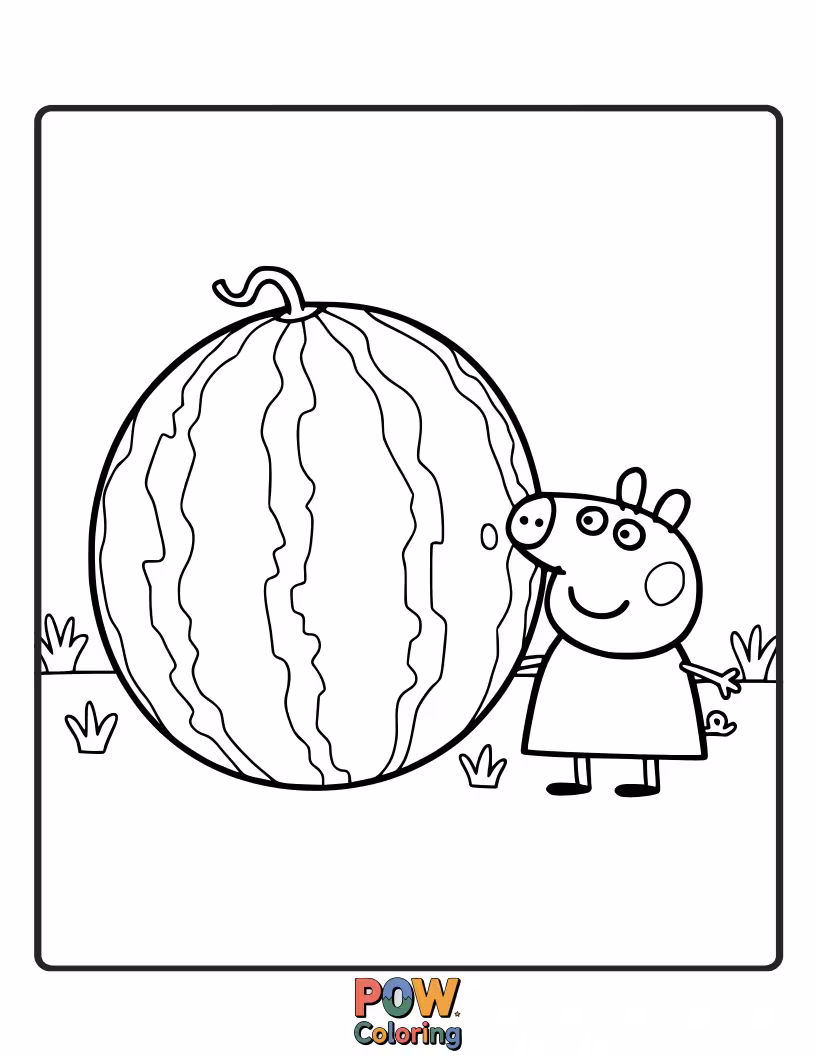 Free coloring page of Peppa is trying to carry a giant watermelon, but it’s so wobbly it’s about to roll away.