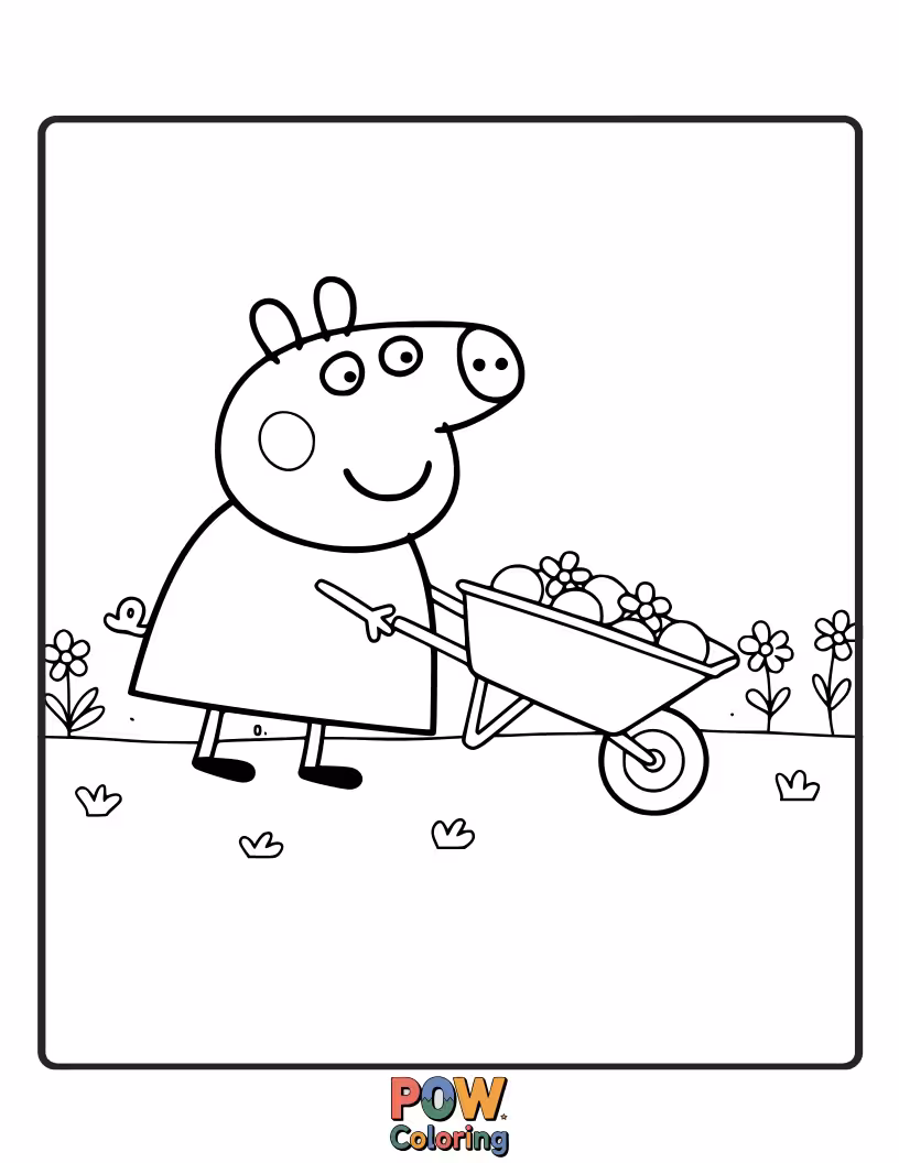 Free coloring page of Peppa Pig attempts to push a wheelbarrow overflowing with wobbly jelly, making a colorful mess.