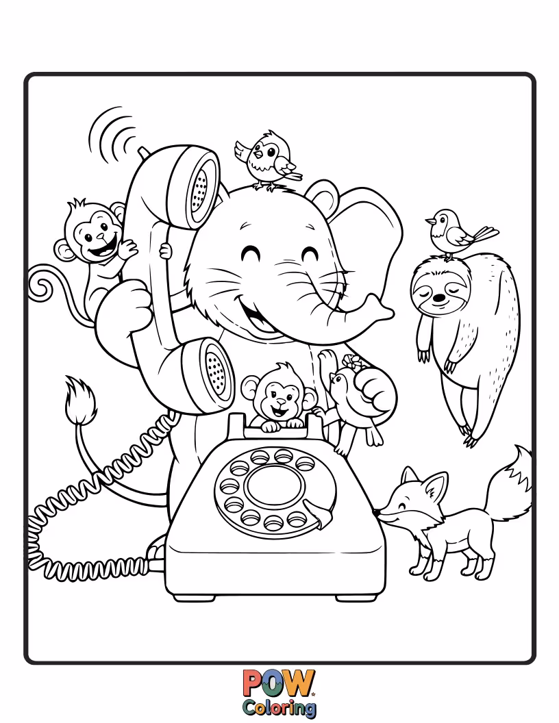 Free coloring page of A phone conversation with an assortment of cute animal like elephant, monkeys, fox, ready for cuddly coloring.