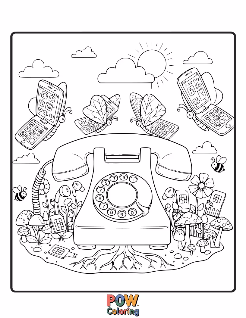 Free coloring page of A lovely phone covered in delicate butterflies and blooming flowers, perfect for a graceful and colorful creation.