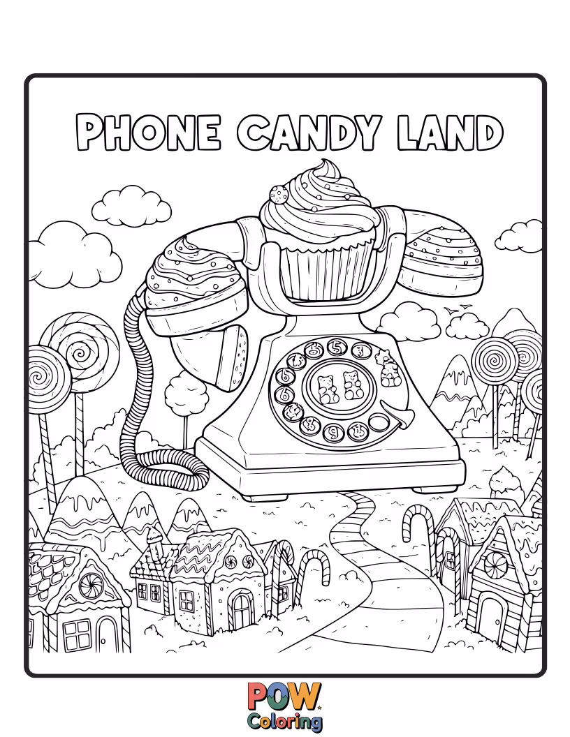 Free coloring page of A sweet phone adorned with colorful candies, lollipops, and gumdrops, ready for a sugary and vibrant coloring fest.
