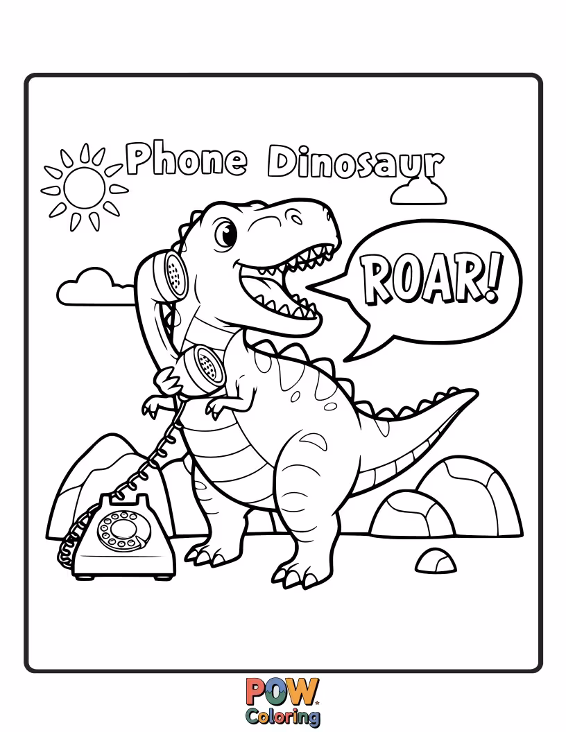 Free coloring page of A mighty phone featuring cute, baby dinosaurs and friendly volcanoes, ready for a roaring good time coloring.