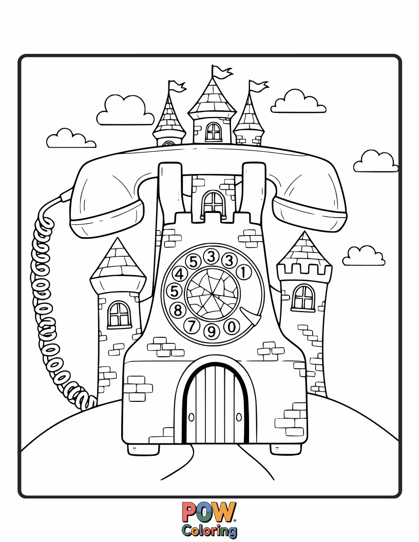 Free coloring page of A whimsical phone adorned with a tiny castle, stars, and a flying fairy, perfect for magical coloring tales.