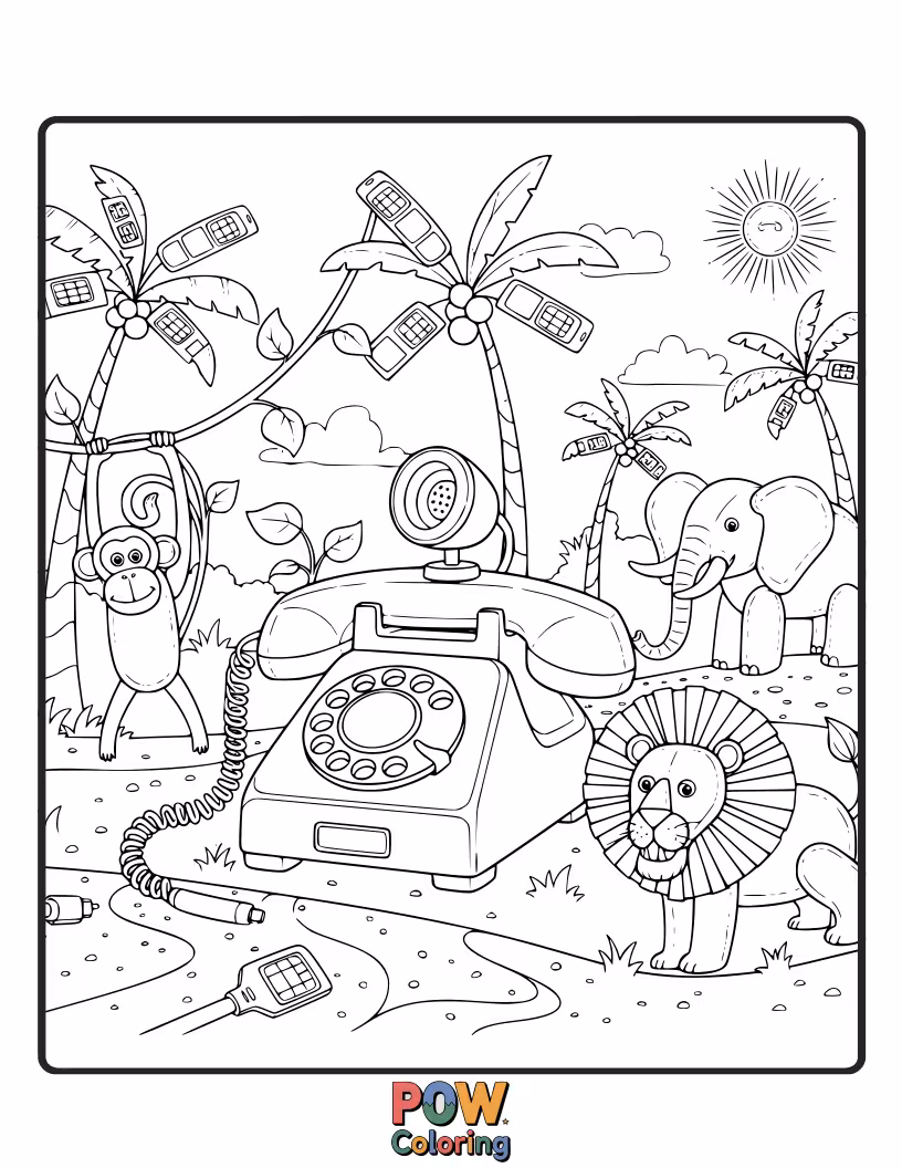 Free coloring page of An adventurous phone adorned with adorable jungle animals like lions, monkeys, and parrots, ready for a wild coloring expedition.