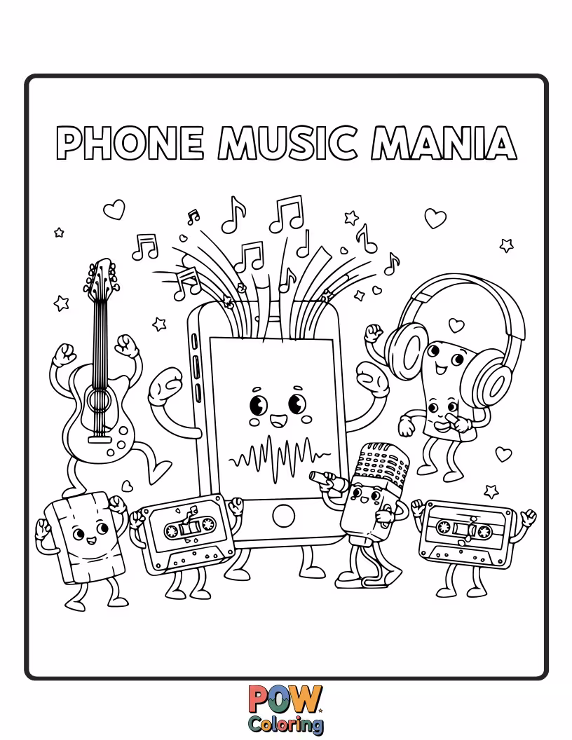 Free coloring page of A rhythmic phone covered in musical notes, instruments, and happy dancers, ready for a vibrant and lively coloring session.