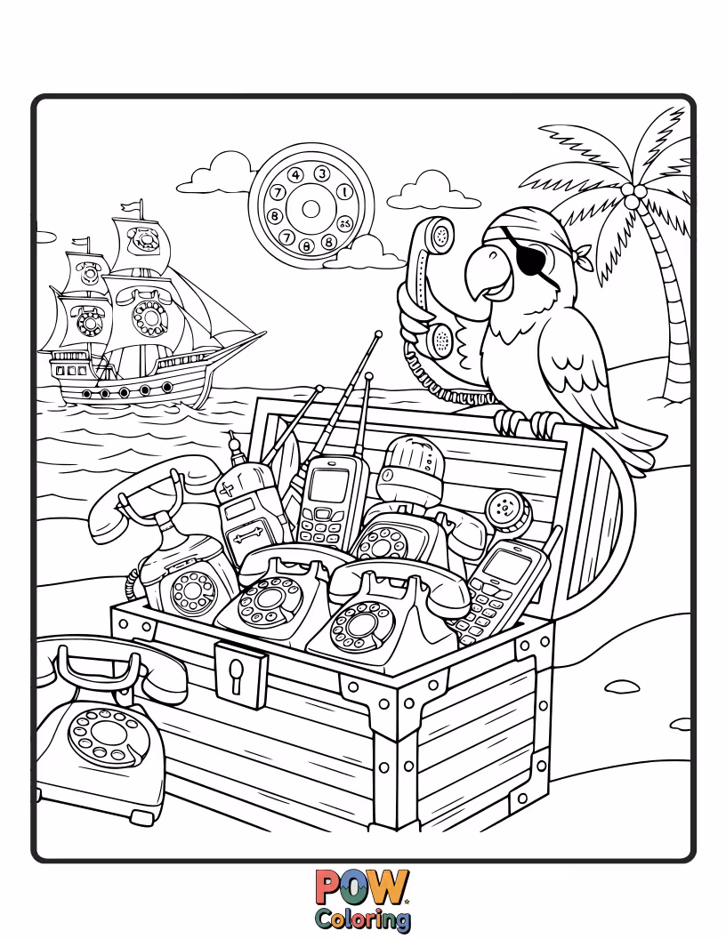 Free coloring page of A swashbuckling phone with a pirate hat and a treasure map, inviting a bold and adventurous coloring quest.