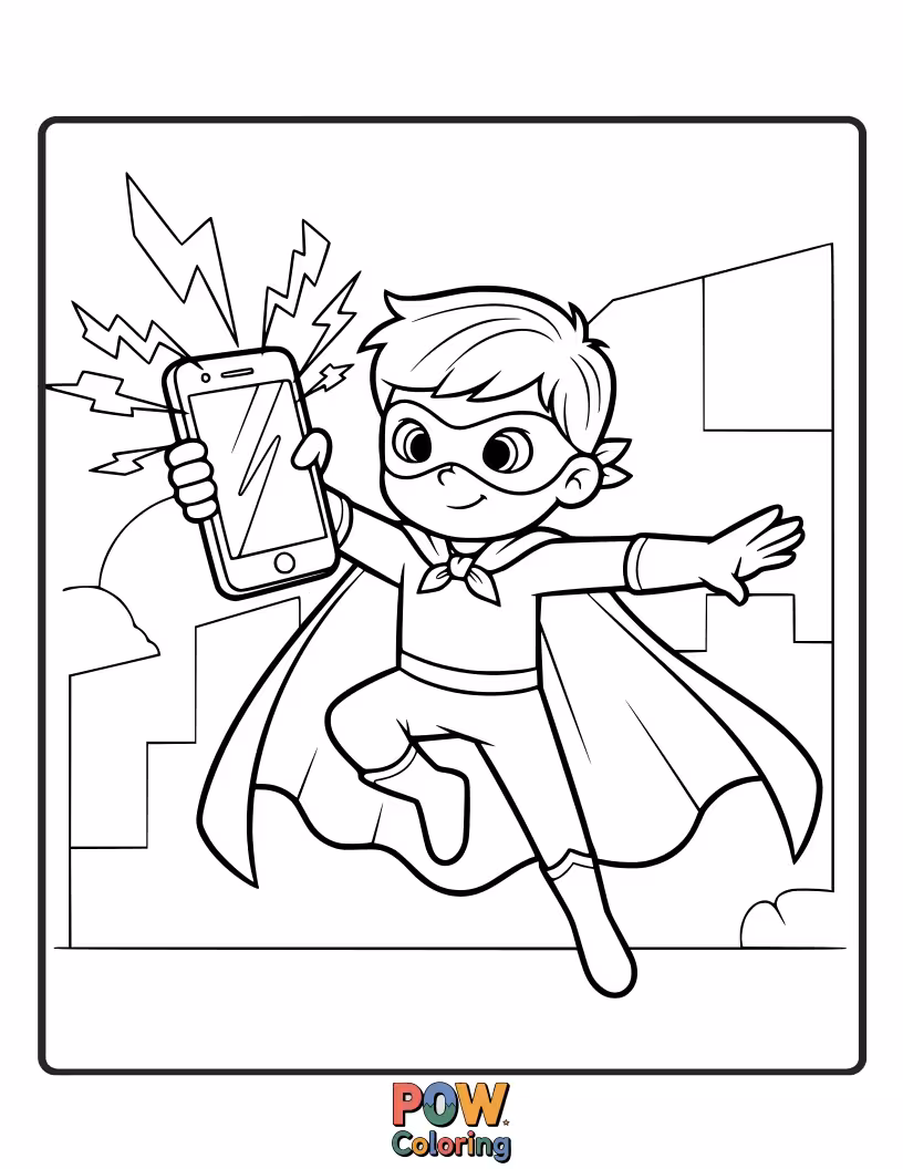 Free coloring page of A courageous phone with a superhero cape and mask, ready to be colored into a powerful and heroic masterpiece.