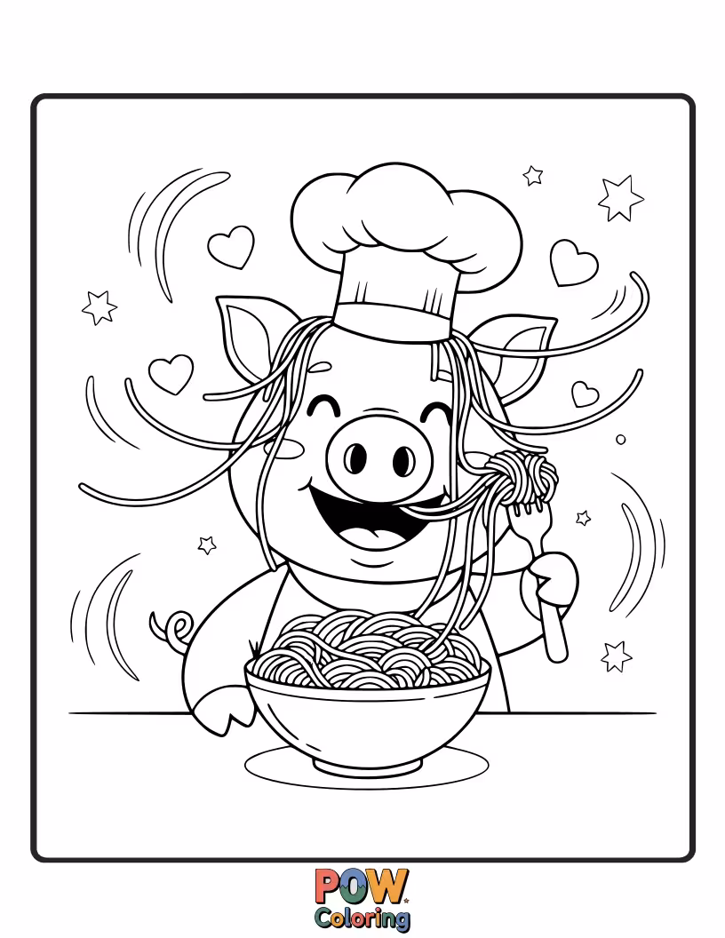 Free coloring page of A messy pig enthusiastically slurps a giant plate of spaghetti, sauce dripping everywhere.