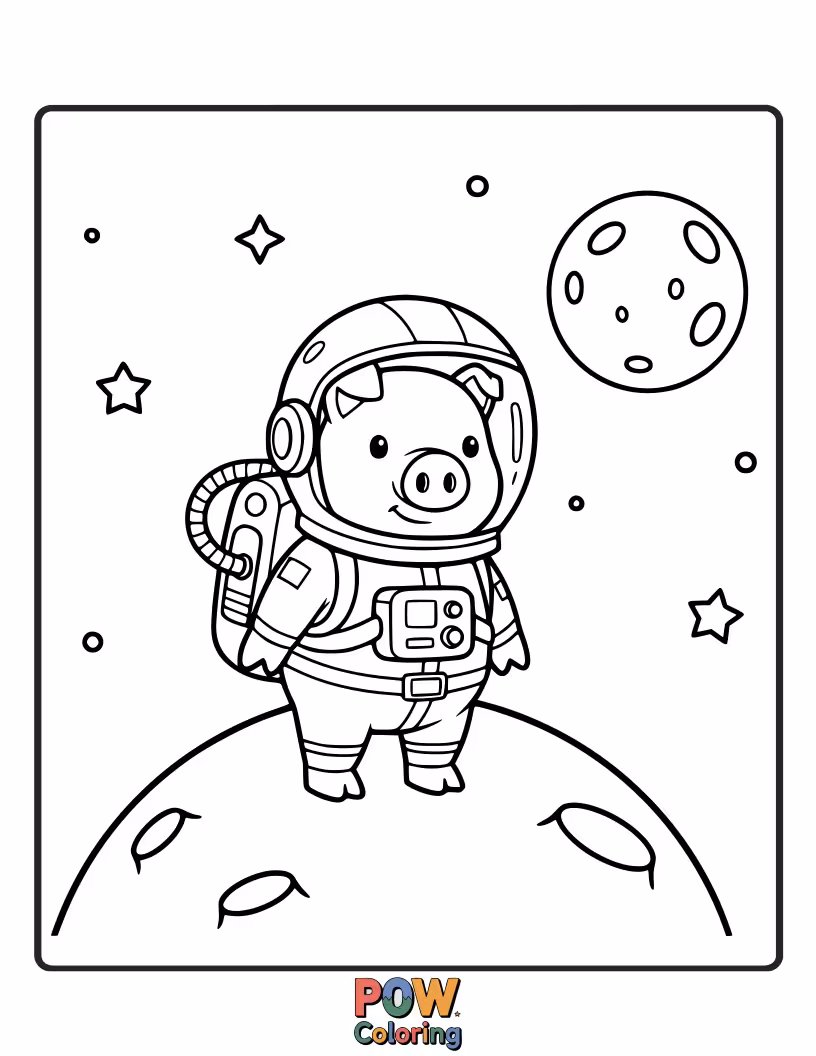Free coloring page of A piggy astronaut in a helmet floats among stars and planets, gazing at the cosmos.
