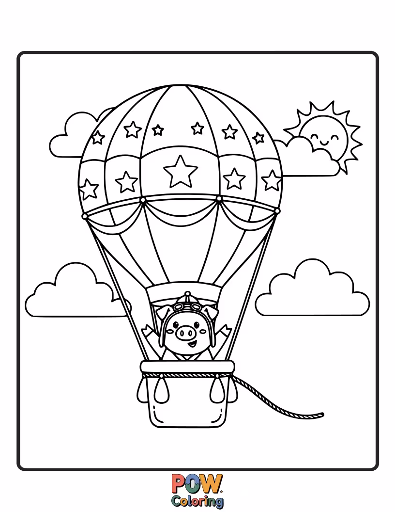 Free coloring page of A curious pig peeks out of a colorful hot air balloon basket, waving hello.