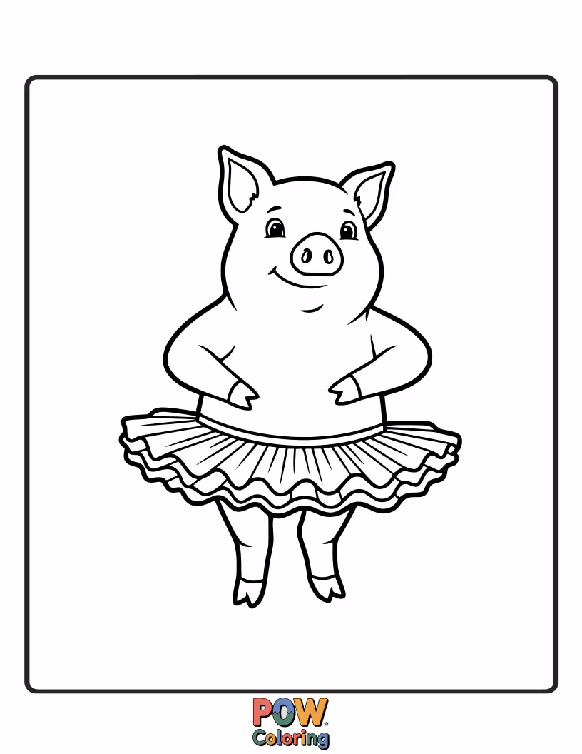 Free coloring page of A charming pig sports a sparkly tutu, striking a ballet pose with a giggle.