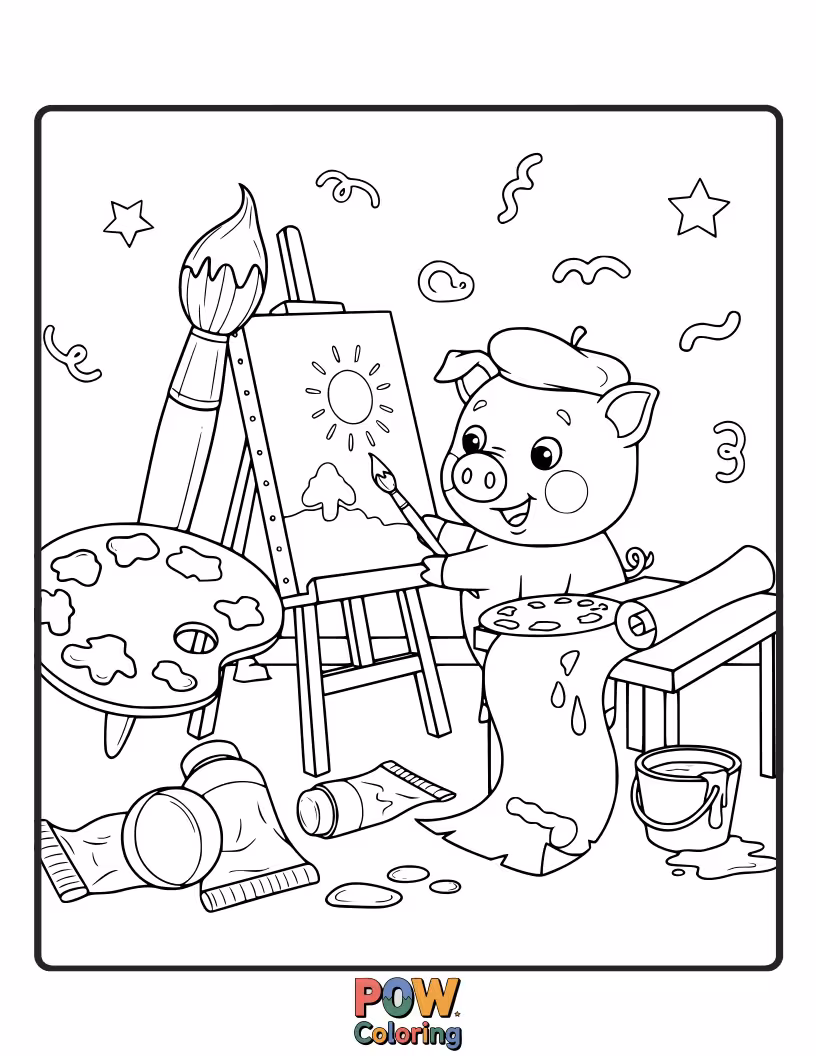 Free coloring page of A creative pig splashes paint on a canvas, creating abstract masterpieces with gusto.