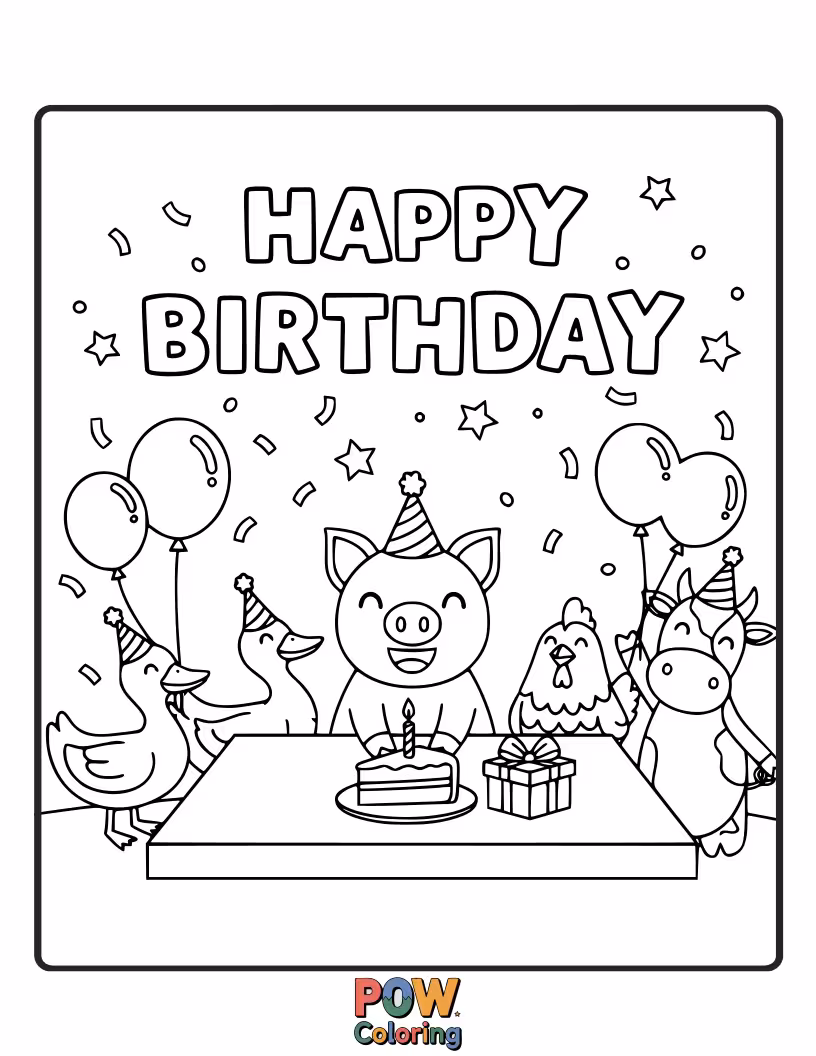 Free coloring page of A cheerful pig wears a party hat, surrounded by balloons and presents for its big day.