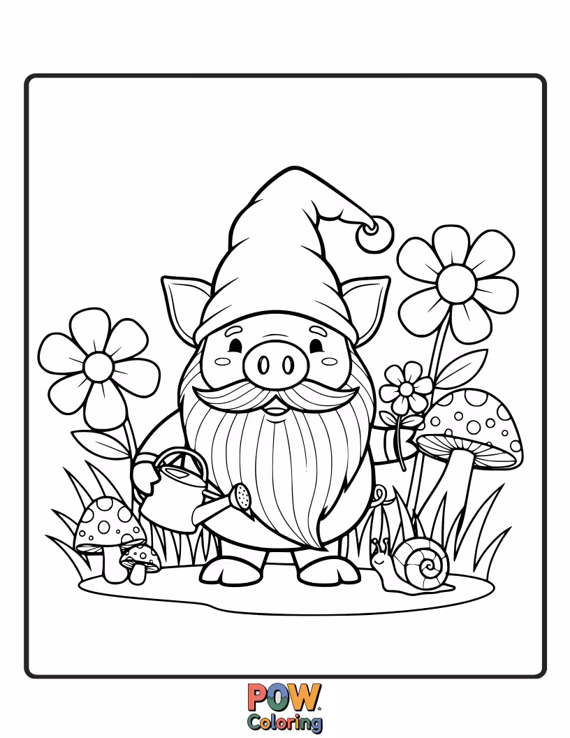 Free coloring page of A tiny pig dressed as a garden gnome guards a miniature mushroom house.