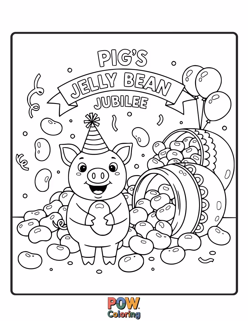 Free coloring page of A delighted pig is surrounded by piles of colorful jelly beans, ready to feast.
