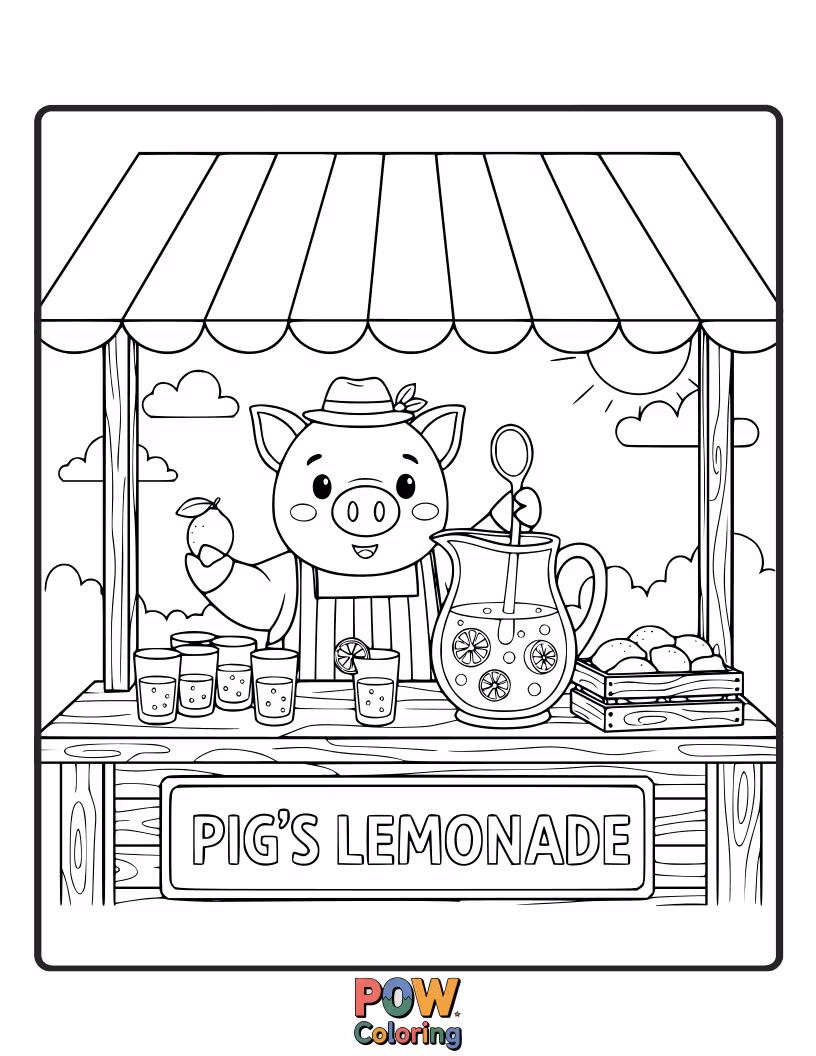 Free coloring page of A friendly pig runs a bustling lemonade stand, serving refreshing drinks with a smile.
