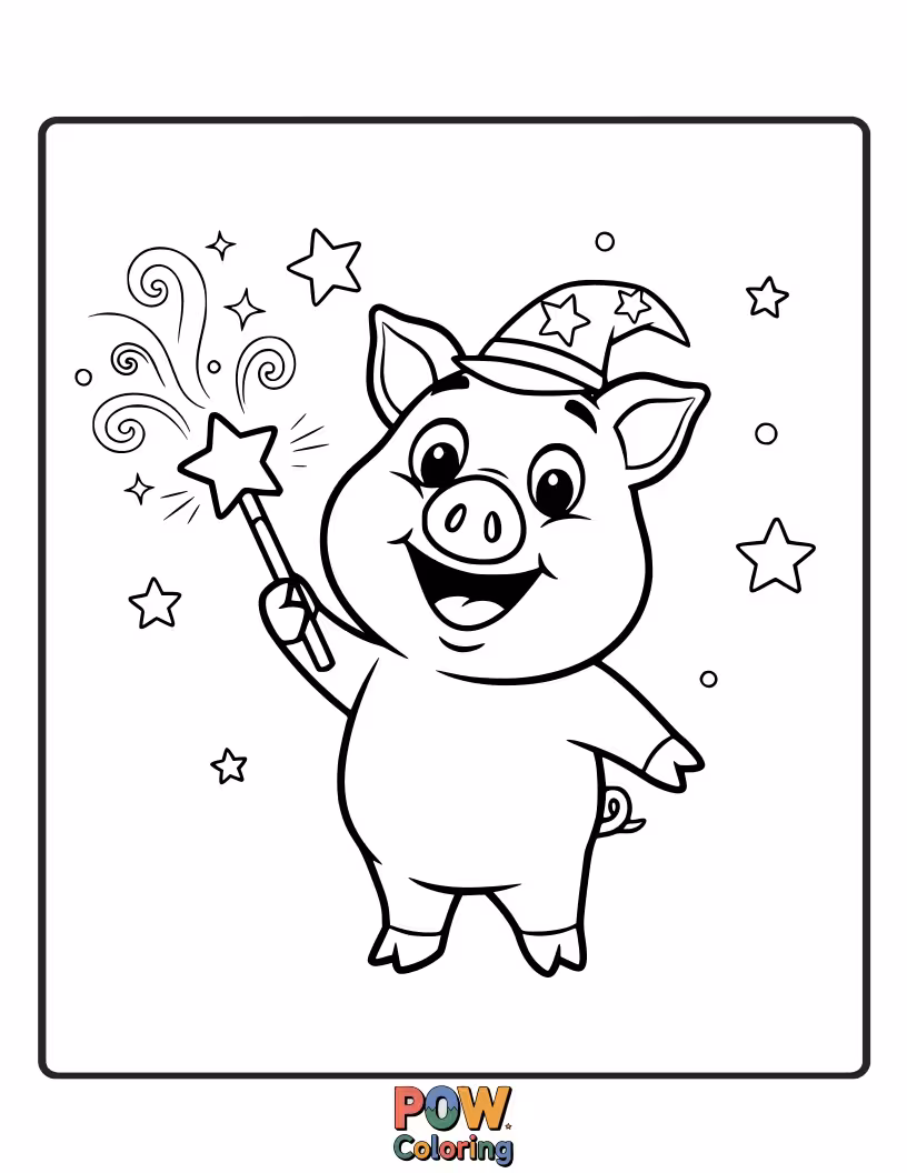 Free coloring page of A whimsical pig waves a sparkling magic wand, creating colorful sparks and stars.