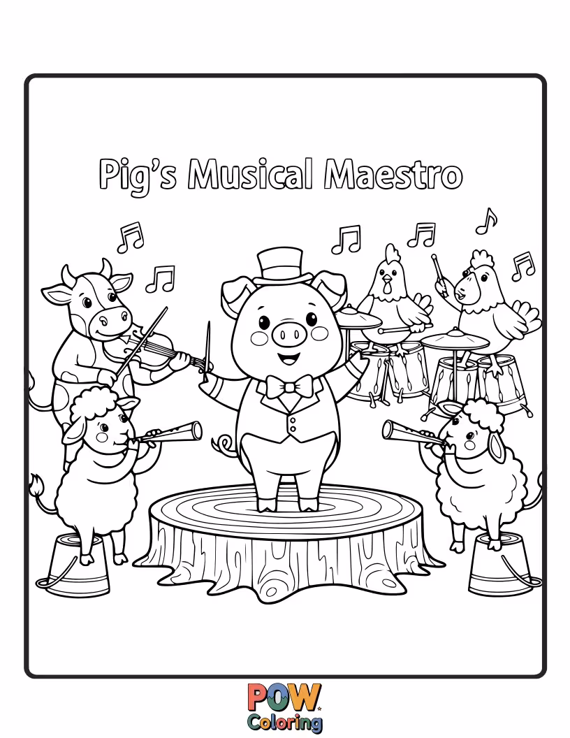 Free coloring page of A pig with a conductor's baton leads an orchestra of small animals in a lively tune.