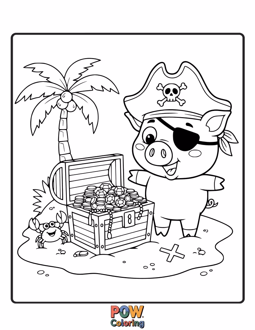 Free coloring page of A swashbuckling pig with an eyepatch searches for buried treasure on a sandy island.