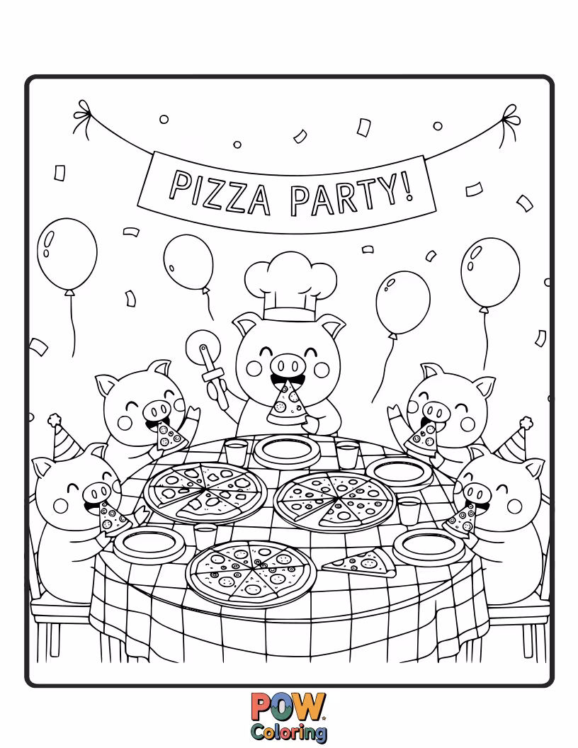 Free coloring page of A hungry pig enjoys a giant slice of pepperoni pizza, smiling with satisfaction.