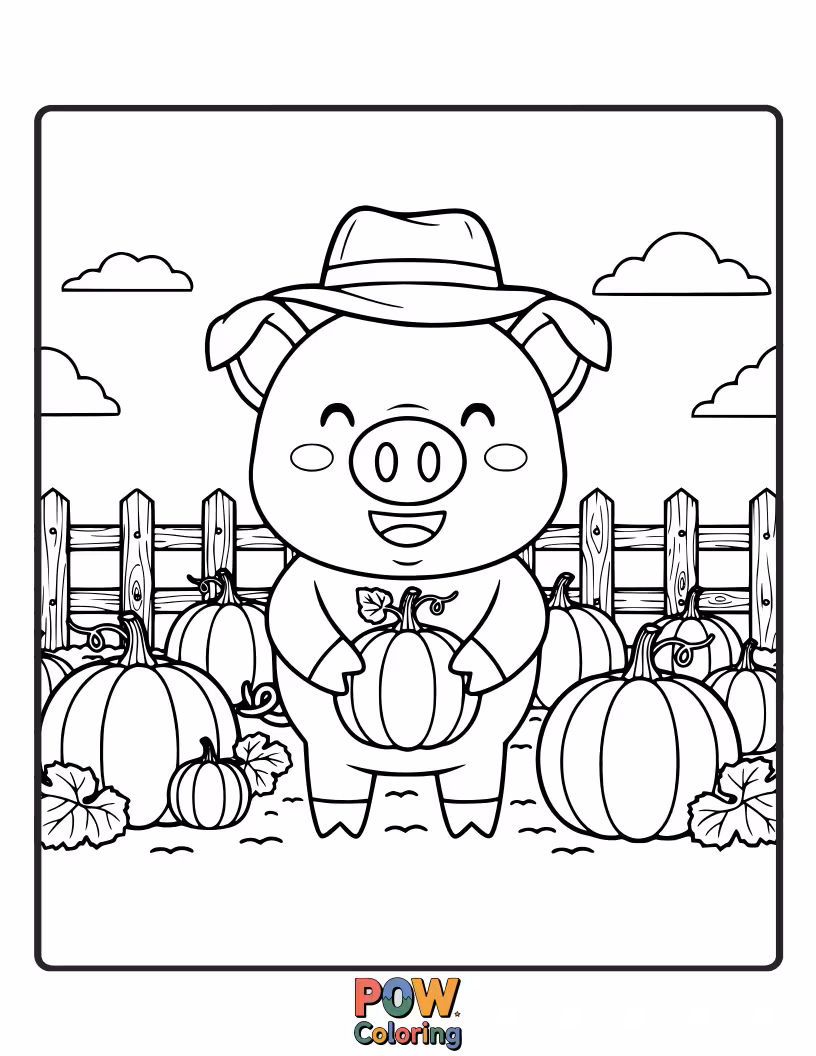 Free coloring page of A happy pig chooses the perfect pumpkin from a bountiful autumn patch.